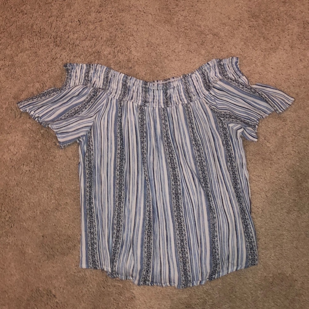 Blue and white stripped off the shoulder top.